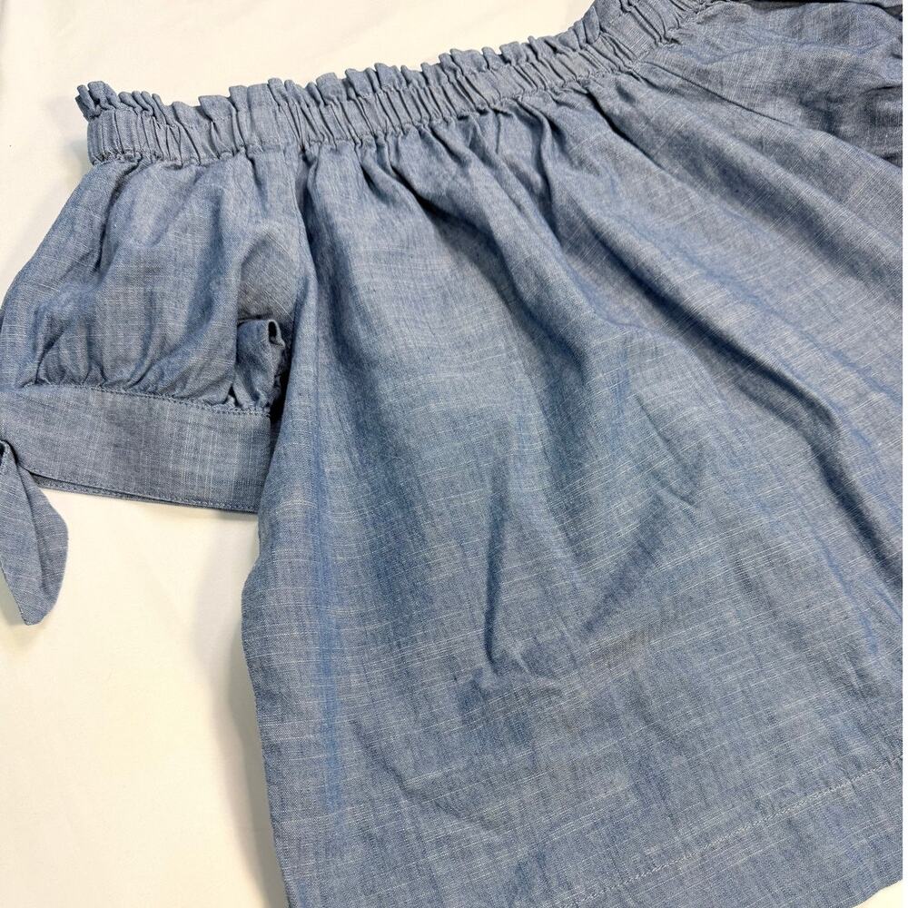 J. Crew Off Shoulder Chambray Top Womens 6 Blue Tie Sleeve Peasant Blouse NWT - Picture 4 of 7